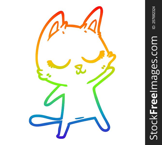 Rainbow Gradient Line Drawing Calm Cartoon Cat Waving