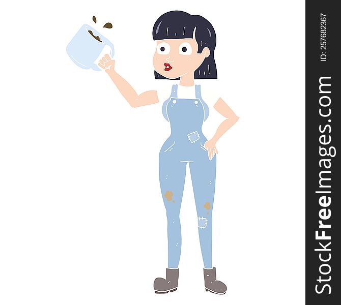 flat color illustration of female worker with coffee mug. flat color illustration of female worker with coffee mug