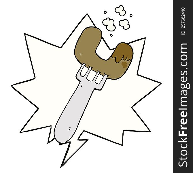 cartoon sausage on fork with speech bubble. cartoon sausage on fork with speech bubble