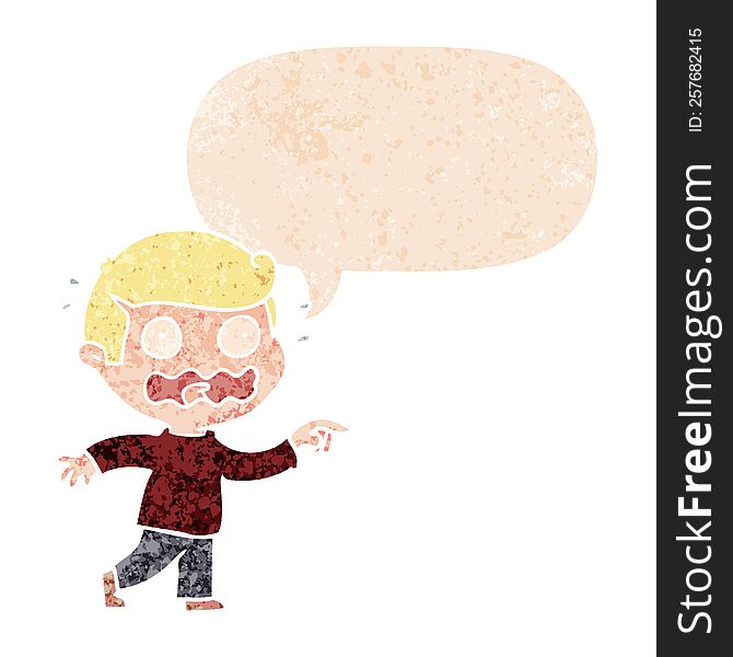 Cartoon Stressed Out Pointing And Speech Bubble In Retro Textured Style