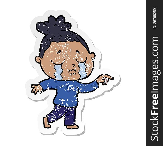 distressed sticker of a cartoon crying woman pointing