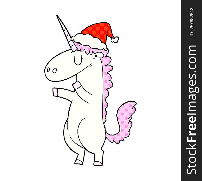 Comic Book Style Illustration Of A Unicorn Wearing Santa Hat