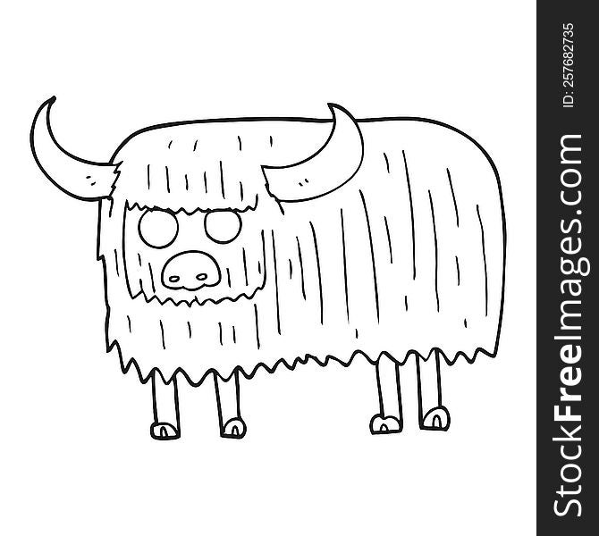freehand drawn black and white cartoon hairy cow