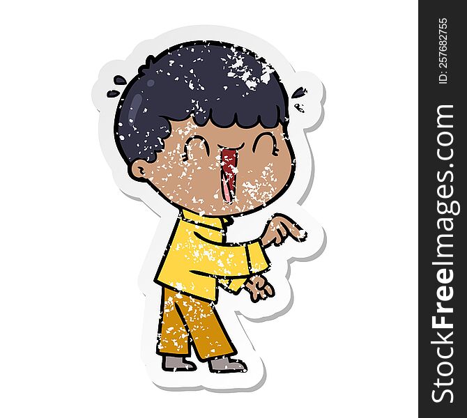 distressed sticker of a laughing cartoon man pointing finger