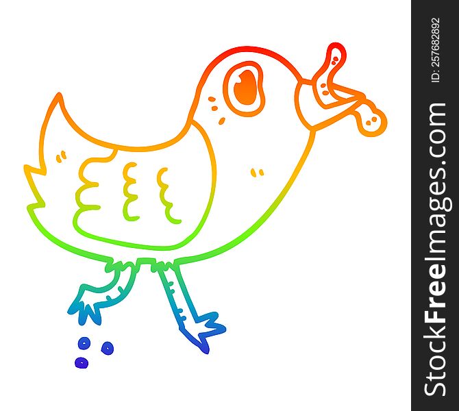 rainbow gradient line drawing of a cartoon bird with worm