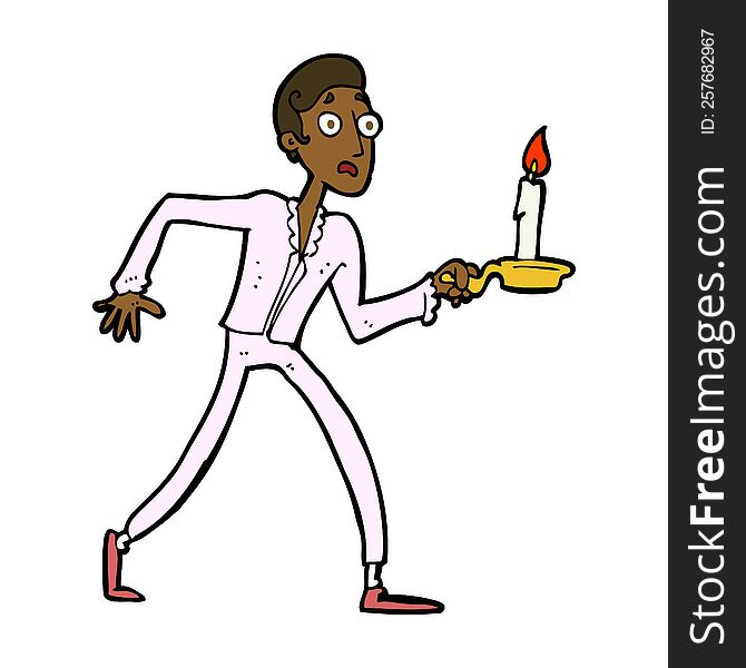 cartoon frightened man walking with candlestick