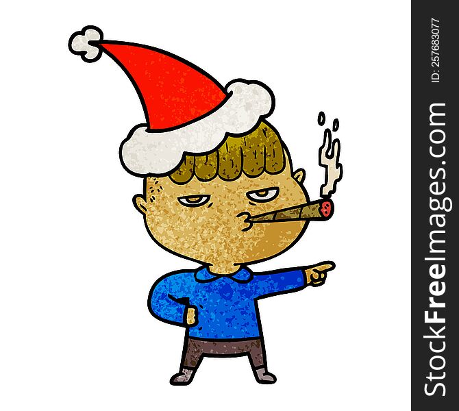 hand drawn textured cartoon of a man smoking wearing santa hat