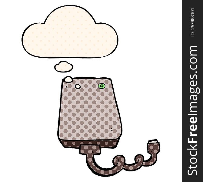 cartoon hard drive with thought bubble in comic book style