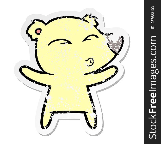 Distressed Sticker Of A Cartoon Whistling Bear With Open Arms