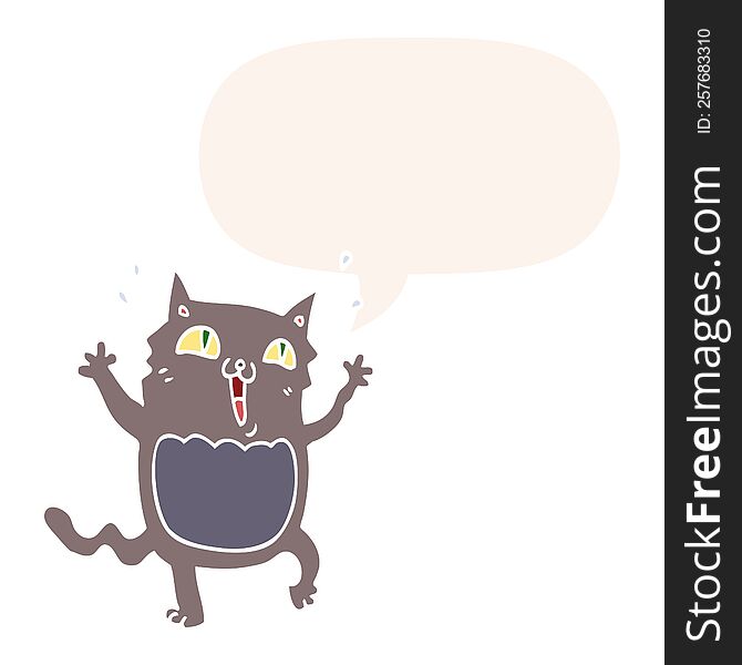 cartoon crazy excited cat and speech bubble in retro style