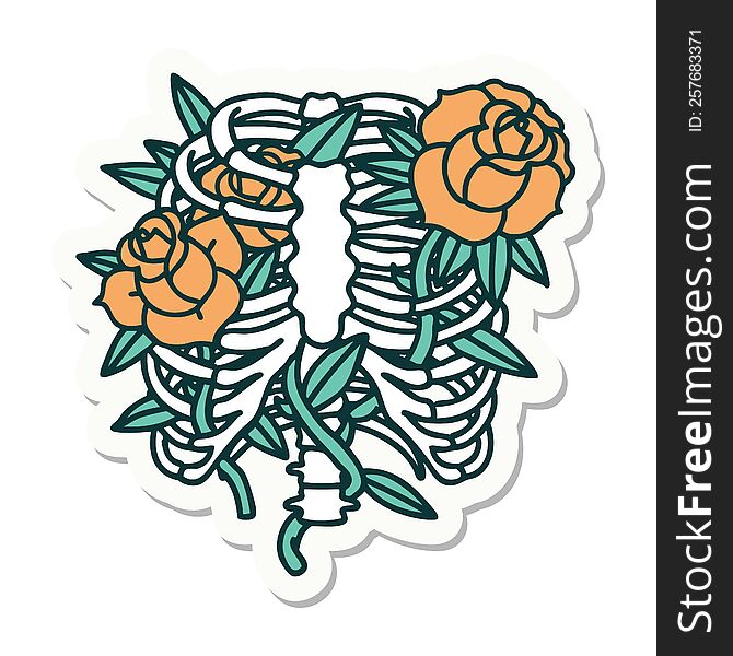 sticker of tattoo in traditional style of a rib cage and flowers. sticker of tattoo in traditional style of a rib cage and flowers