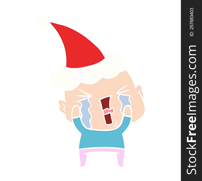 hand drawn flat color illustration of a crying bald man wearing santa hat