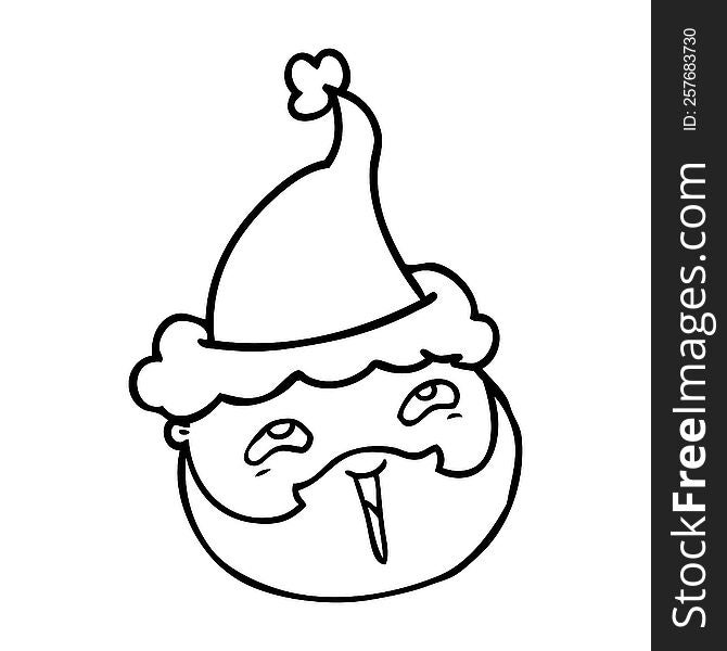 Line Drawing Of A Male Face With Beard Wearing Santa Hat