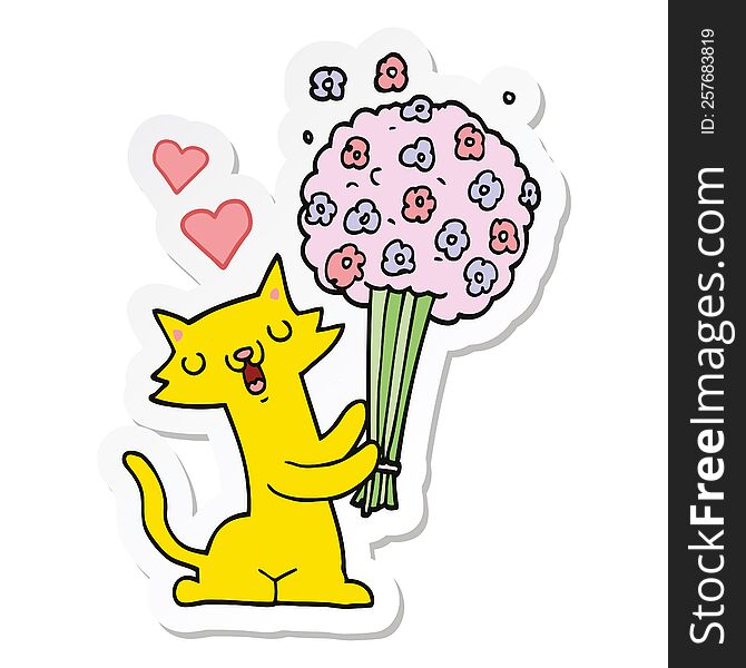 sticker of a cartoon cat in love with flowers