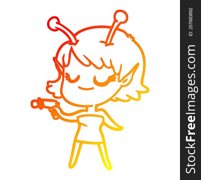 warm gradient line drawing of a smiling alien girl cartoon pointing ray gun