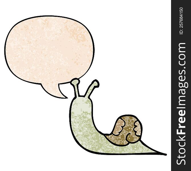 cartoon snail with speech bubble in retro texture style