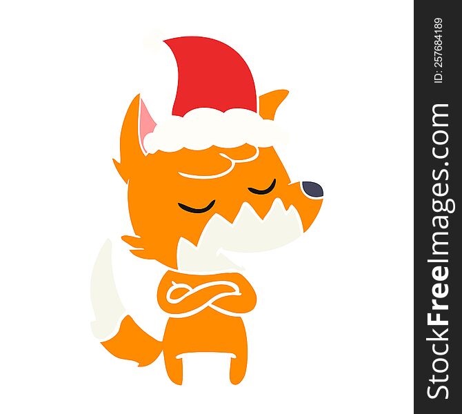 Friendly Flat Color Illustration Of A Fox Wearing Santa Hat