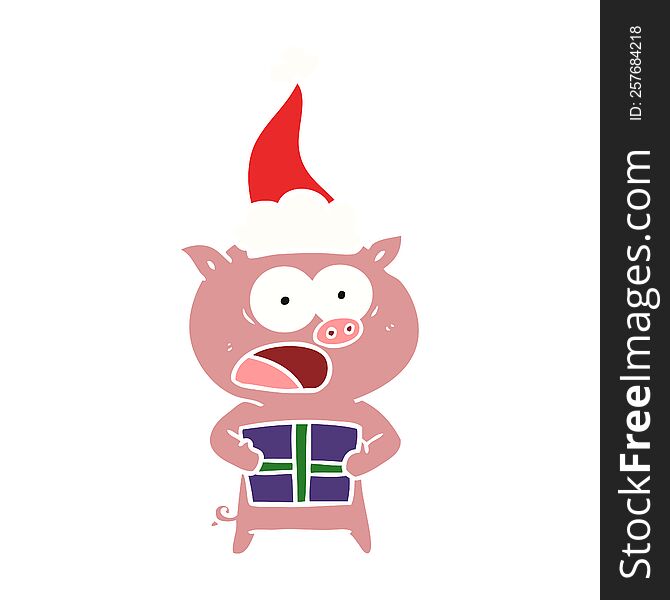 Flat Color Illustration Of A Pig With Christmas Present Wearing Santa Hat