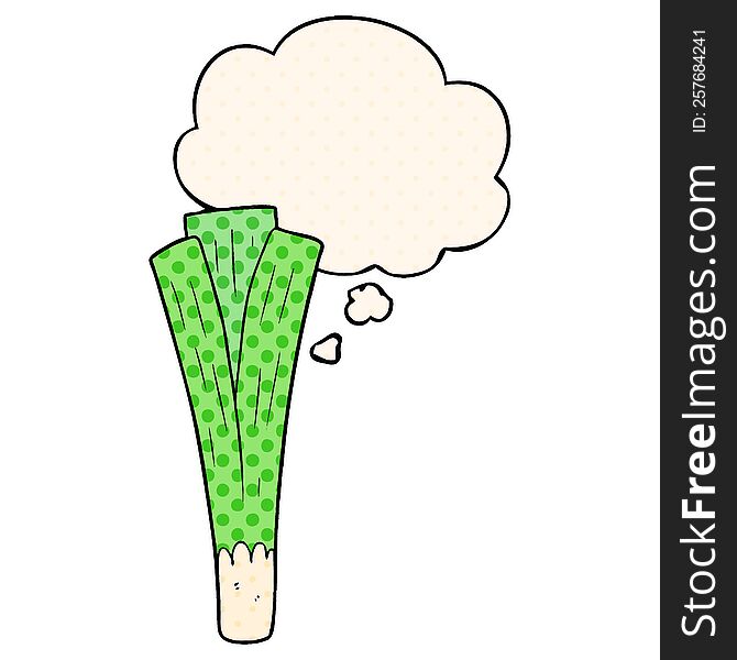 cartoon leek with thought bubble in comic book style