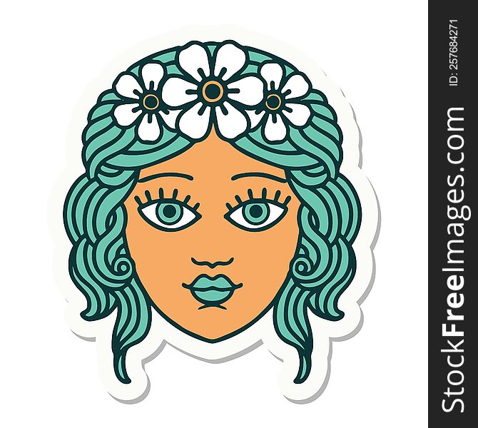 Tattoo Style Sticker Of Female Face With Crown Of Flowers