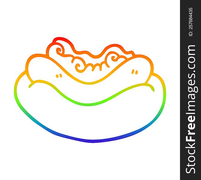 rainbow gradient line drawing of a cartoon hotdog in a bun