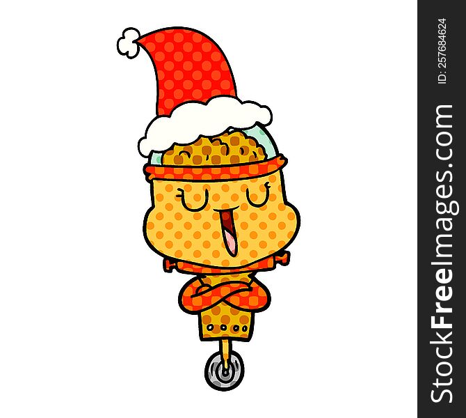 Happy Comic Book Style Illustration Of A Robot Wearing Santa Hat