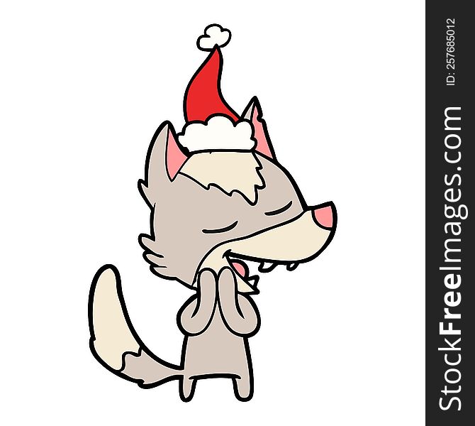 Line Drawing Of A Wolf Laughing Wearing Santa Hat