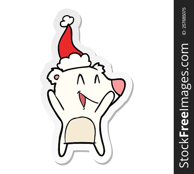 laughing polar bear hand drawn sticker cartoon of a wearing santa hat. laughing polar bear hand drawn sticker cartoon of a wearing santa hat