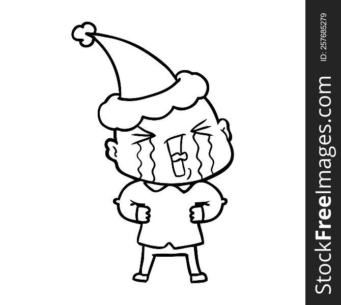 Line Drawing Of A Crying Bald Man Wearing Santa Hat