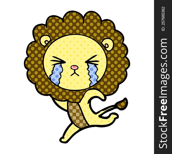 cartoon crying lion running away. cartoon crying lion running away