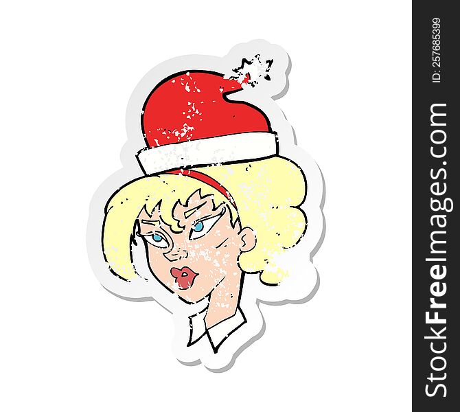 retro distressed sticker of a cartoon woman ready for christmas