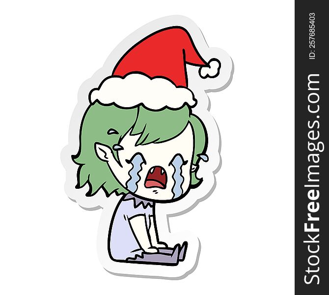 Sticker Cartoon Of A Crying Vampire Girl Wearing Santa Hat