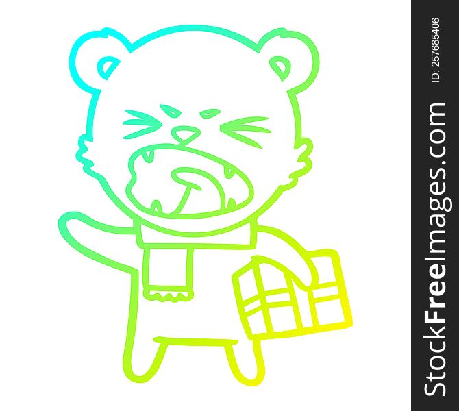 cold gradient line drawing of a angry cartoon polar bear with christmas present