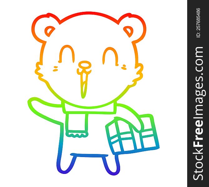 Rainbow Gradient Line Drawing Happy Cartoon Bear With Gift