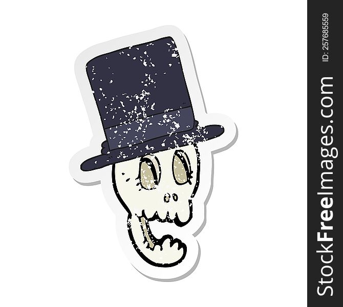 Retro Distressed Sticker Of A Cartoon Skull Wearing Top Hat