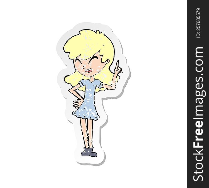 retro distressed sticker of a cartoon girl making point