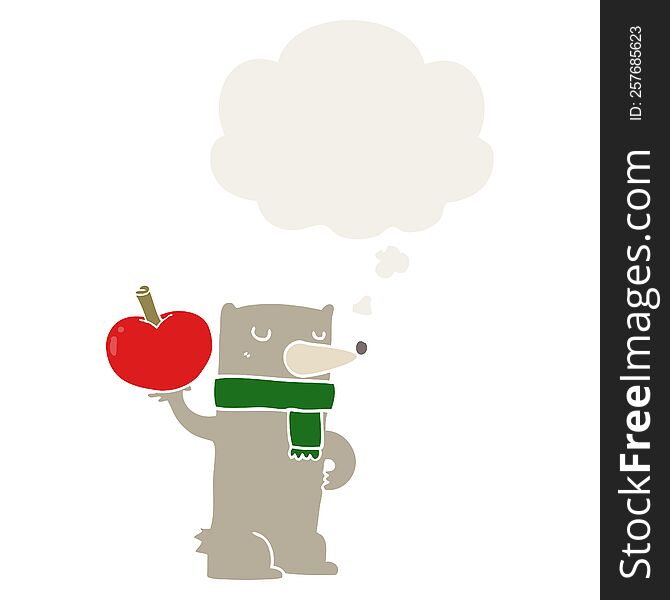 Cartoon Bear With Apple And Thought Bubble In Retro Style
