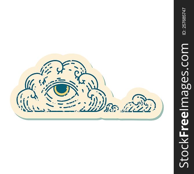iconic distressed sticker tattoo style image of an all seeing eye cloud. iconic distressed sticker tattoo style image of an all seeing eye cloud
