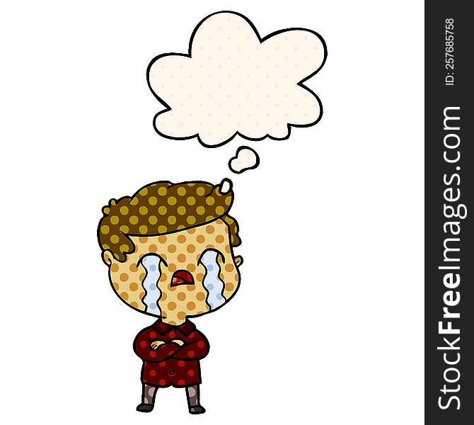 cartoon man crying with thought bubble in comic book style
