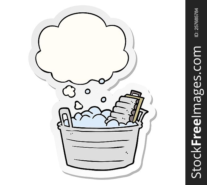 cartoon old washboard and bucket with thought bubble as a printed sticker