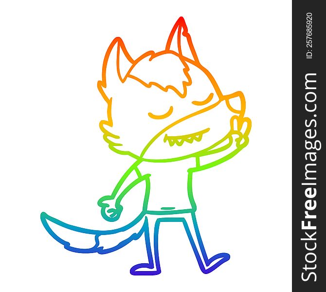 rainbow gradient line drawing friendly cartoon wolf making peace sign