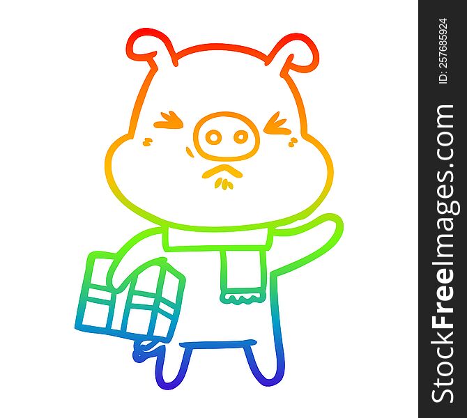 rainbow gradient line drawing of a cartoon angry pig with christmas present