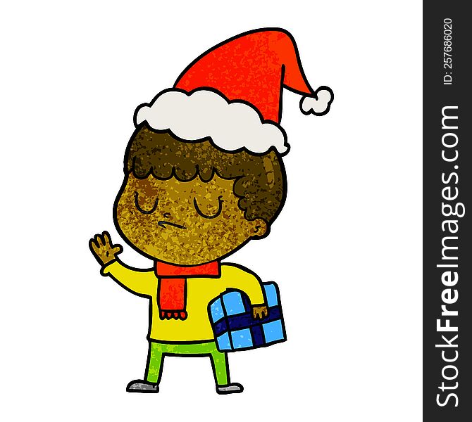 hand drawn textured cartoon of a grumpy boy wearing santa hat