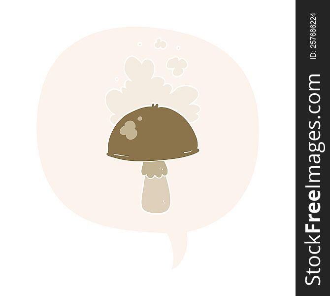 cartoon mushroom with spore cloud with speech bubble in retro style. cartoon mushroom with spore cloud with speech bubble in retro style