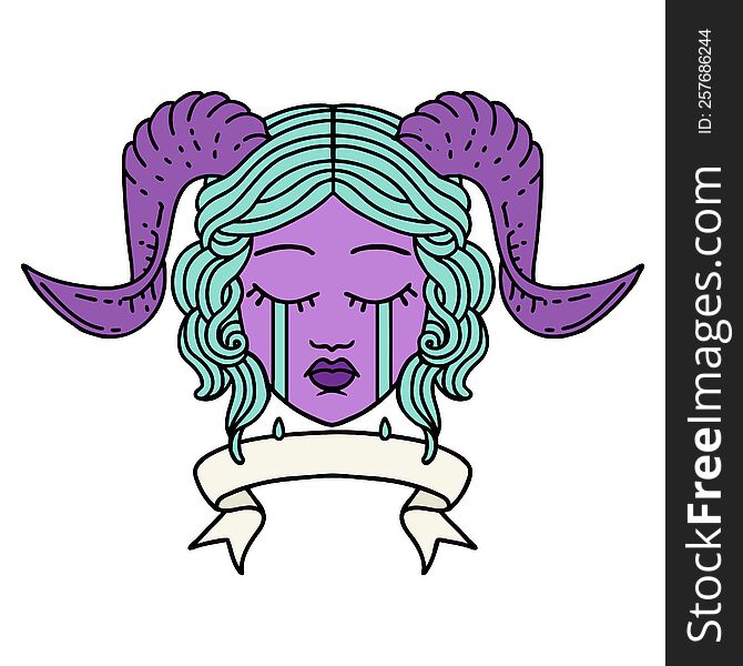 Crying Tiefling Character Face With Scroll Banner Illustration