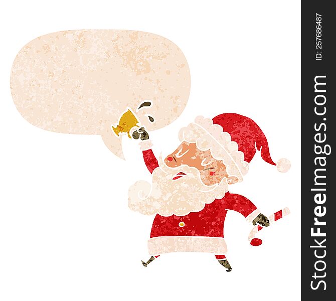 cartoon santa claus with hot cocoa and speech bubble in retro textured style