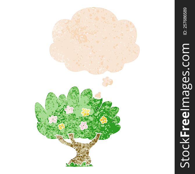 Cartoon Tree And Thought Bubble In Retro Textured Style