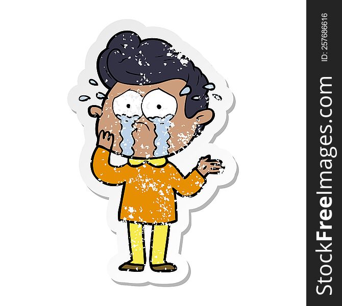 Distressed Sticker Of A Cartoon Worried Crying Man