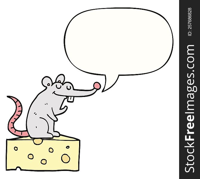 Cartoon Mouse Sitting On Cheese And Speech Bubble