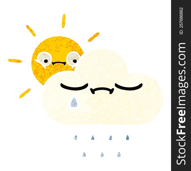 retro illustration style cartoon of a sunshine and rain cloud